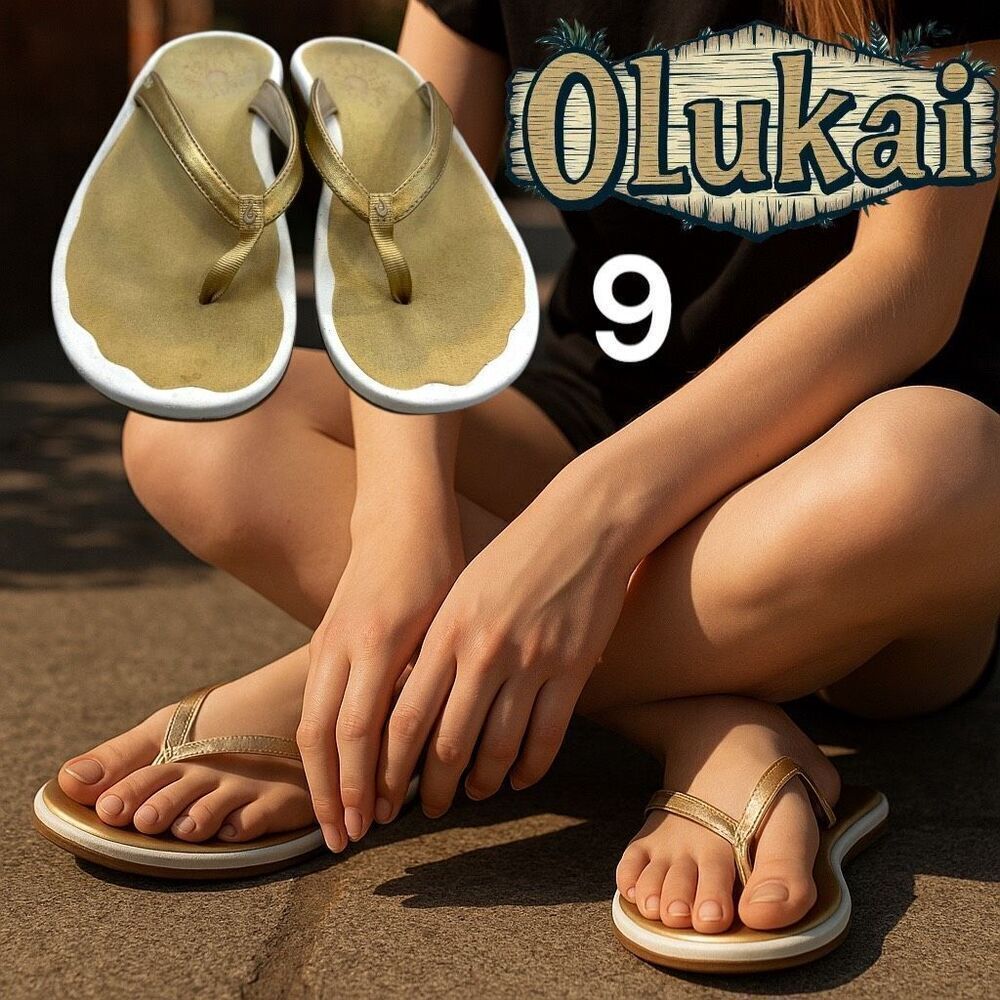 Olukai Amo Flip Flop Sandals Women's 9W Gold White Rubber Slip-On Beach Casual